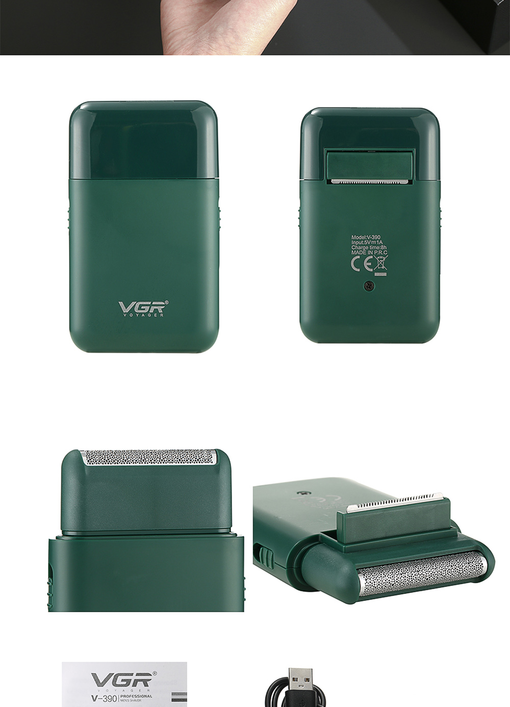 VGR V-390 Portable Mini Electric Shaver, Beard Trimmer Razor, 2 Blades Reciprocating Shaving, USB Charging 45min Runtime - Green