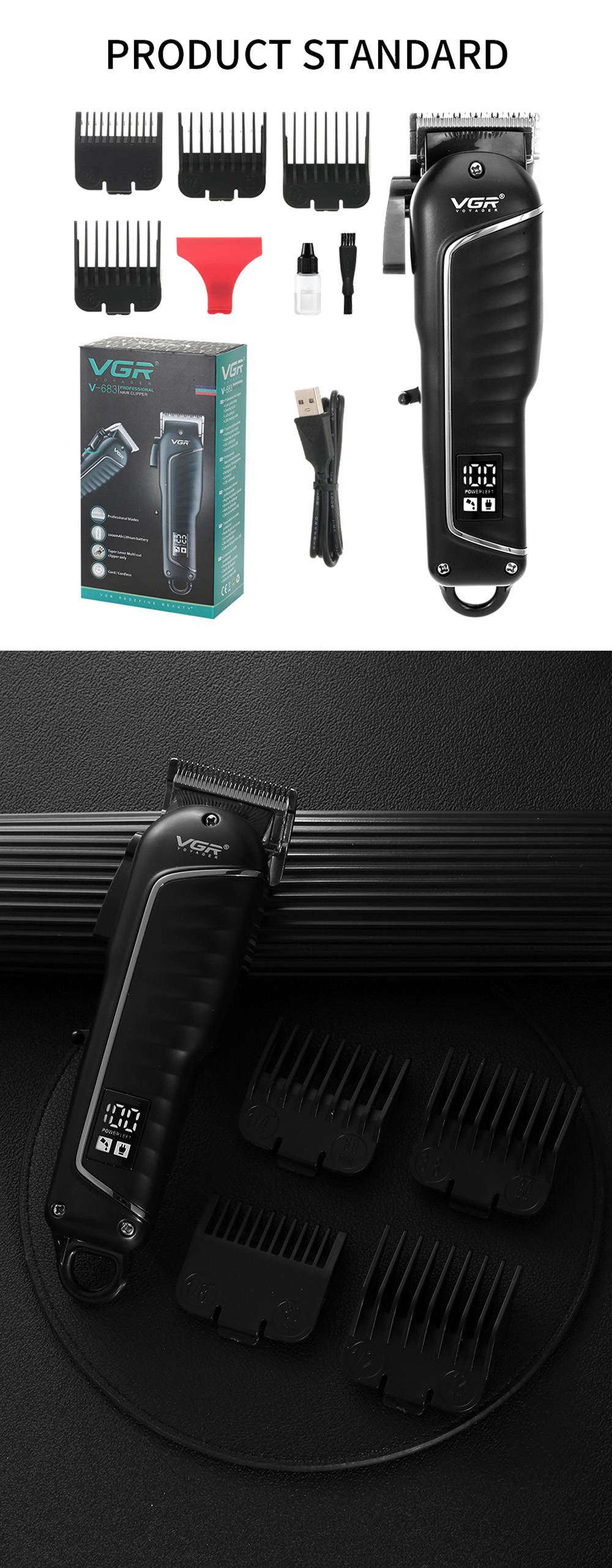 VGR V-683 Electric Hair Clipper, Rechargeable Hair Trimmer Barber Haircut Machine, LED Smart Screen, 2000mAh Battery