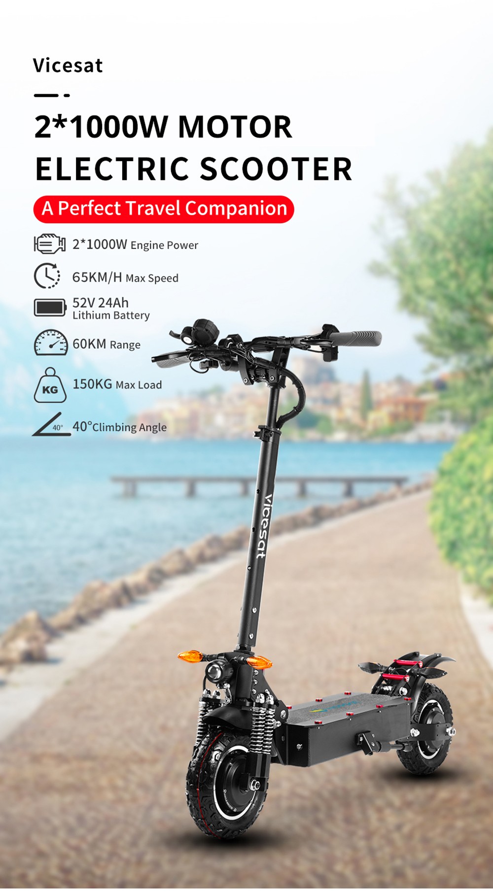 Vicesat VS04 Electric Scooter 2*1000W Motor 52V 24Ah Battery 65km/h Max Speed 60km Range without Seat