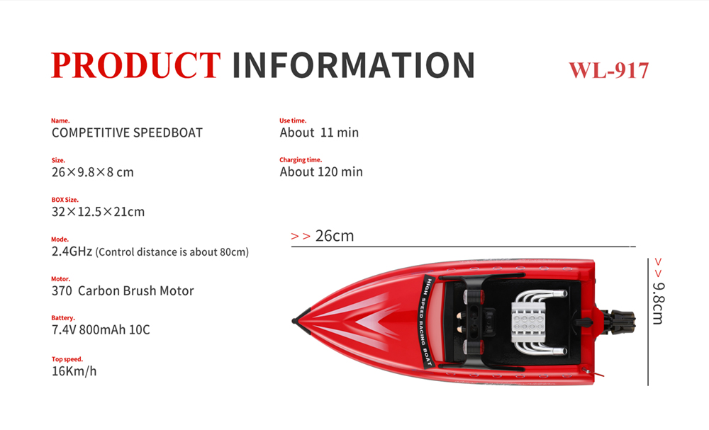 Wltoys WL917 RC Boat 2.4G High Speed Jet Racing Boat 11mins Playtime - Yellow