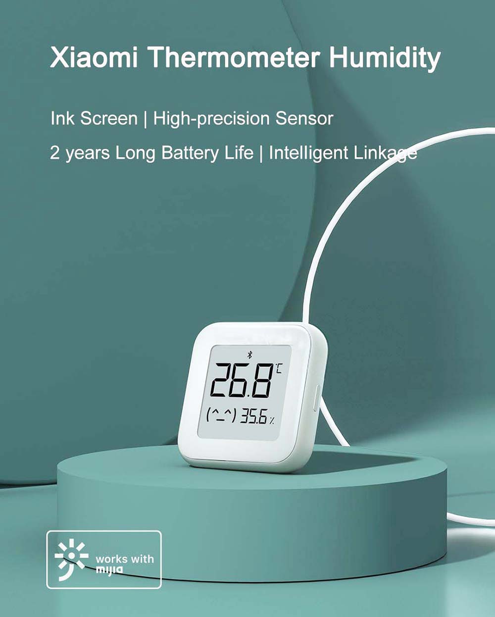 Xiaomi Mijia Bluetooth Thermometer Hygrometer, Ink Screen Smart Temperature Humidity Monitor, 2 Years Duration - White
