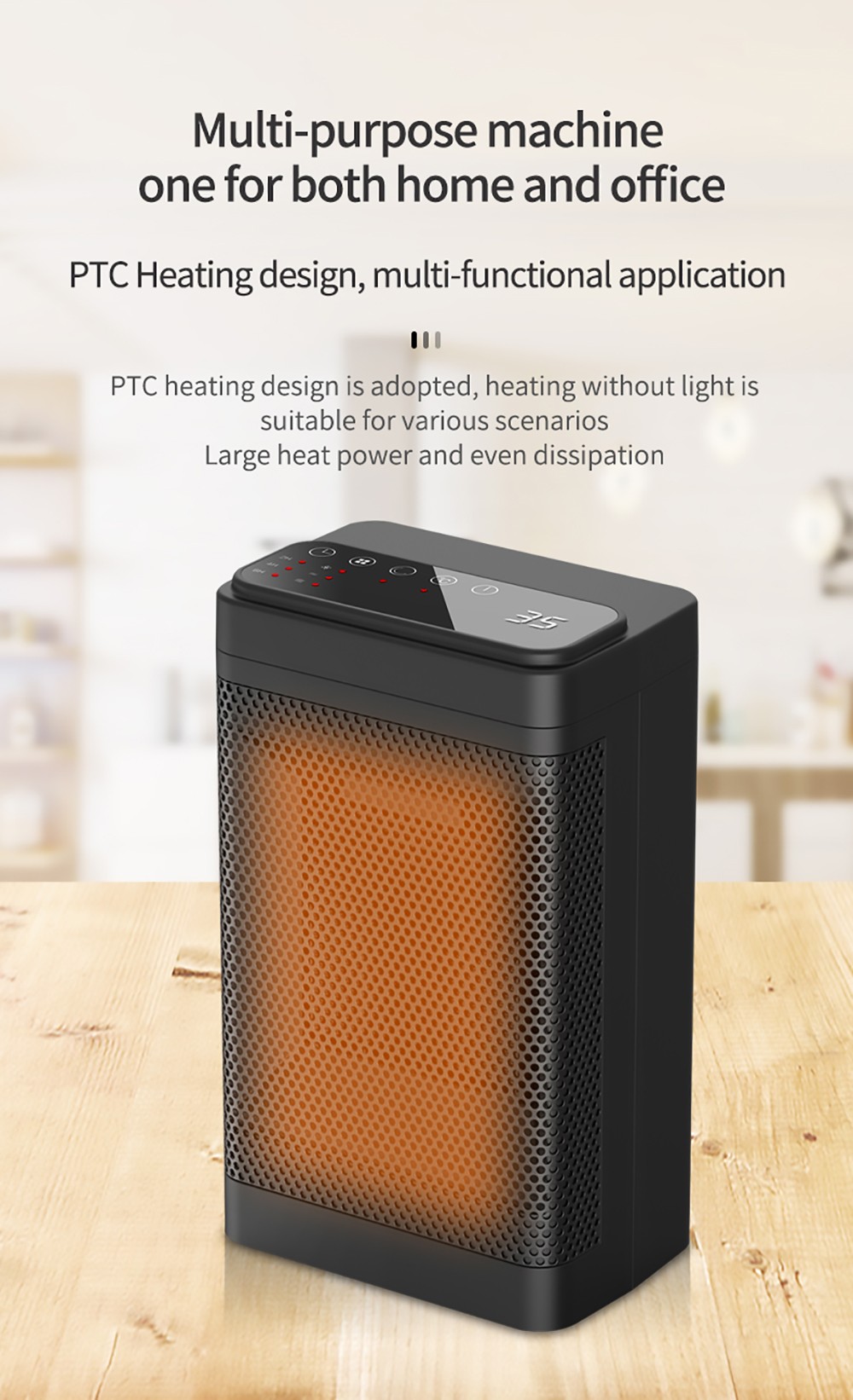 YND-1200D 1500W Desktop Mini Electric Heater, PTC Ceramic Space Heater, Remote Control, Touch Screen, 3-Gear Adjustment - EU Plug