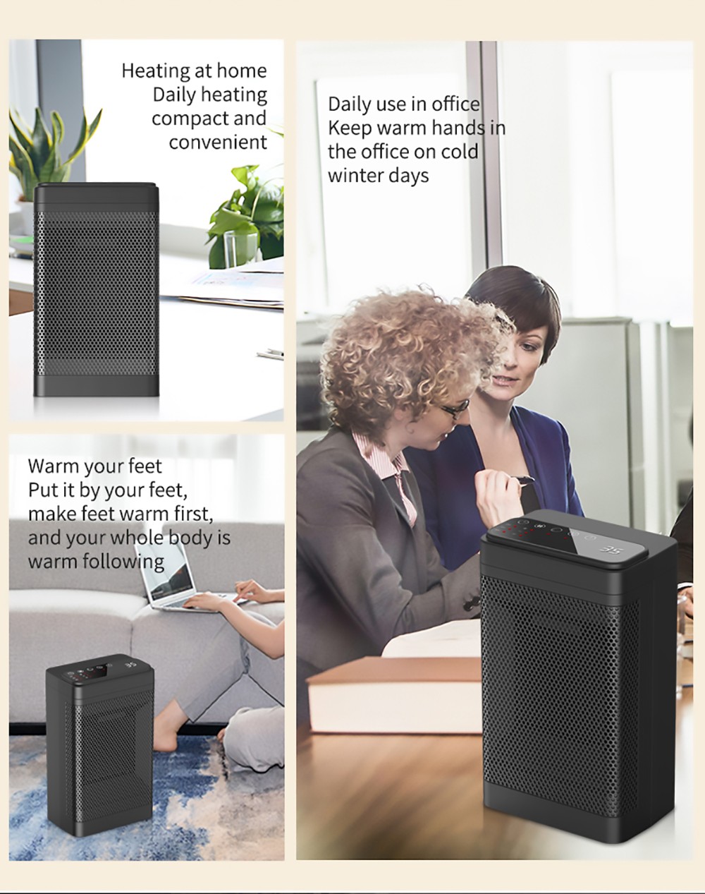 YND-1200D 1500W Desktop Mini Electric Heater, PTC Ceramic Space Heater, Remote Control, Touch Screen, 3-Gear Adjustment - EU Plug