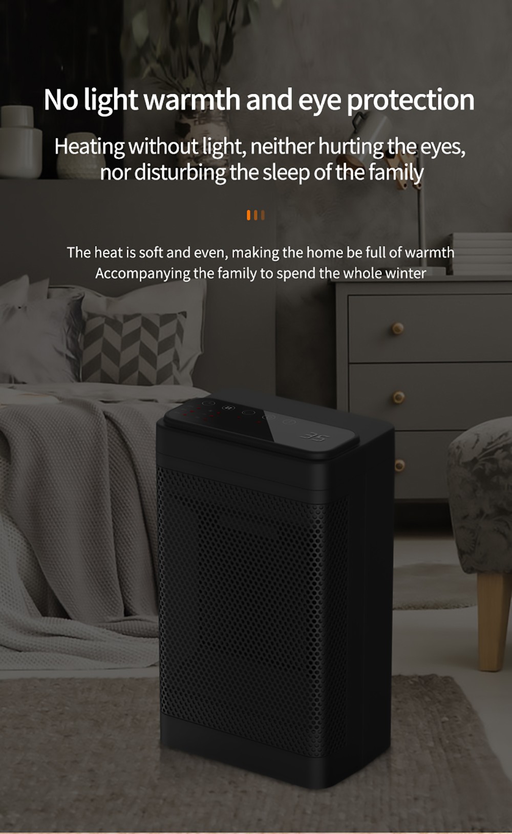 YND-1200D 1500W Desktop Mini Electric Heater, PTC Ceramic Space Heater, Remote Control, Touch Screen, 3-Gear Adjustment - EU Plug