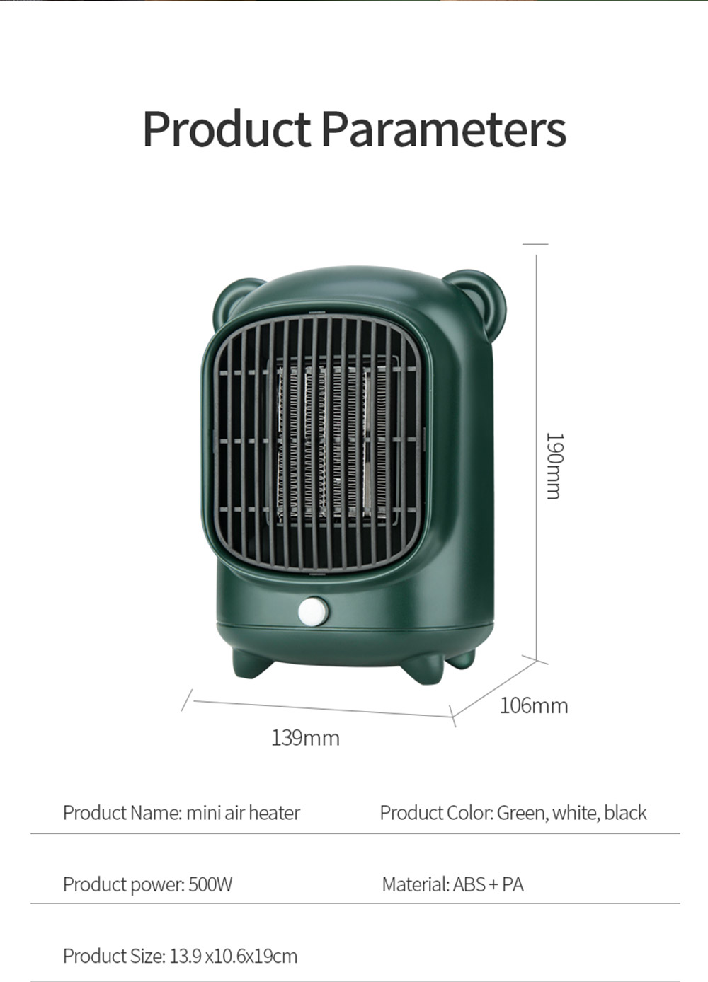 YND-500 500W Desktop Mini Electric Heater, PTC Ceramic Flame Retardant Portable Space Heater, Low Noise - EU Plug