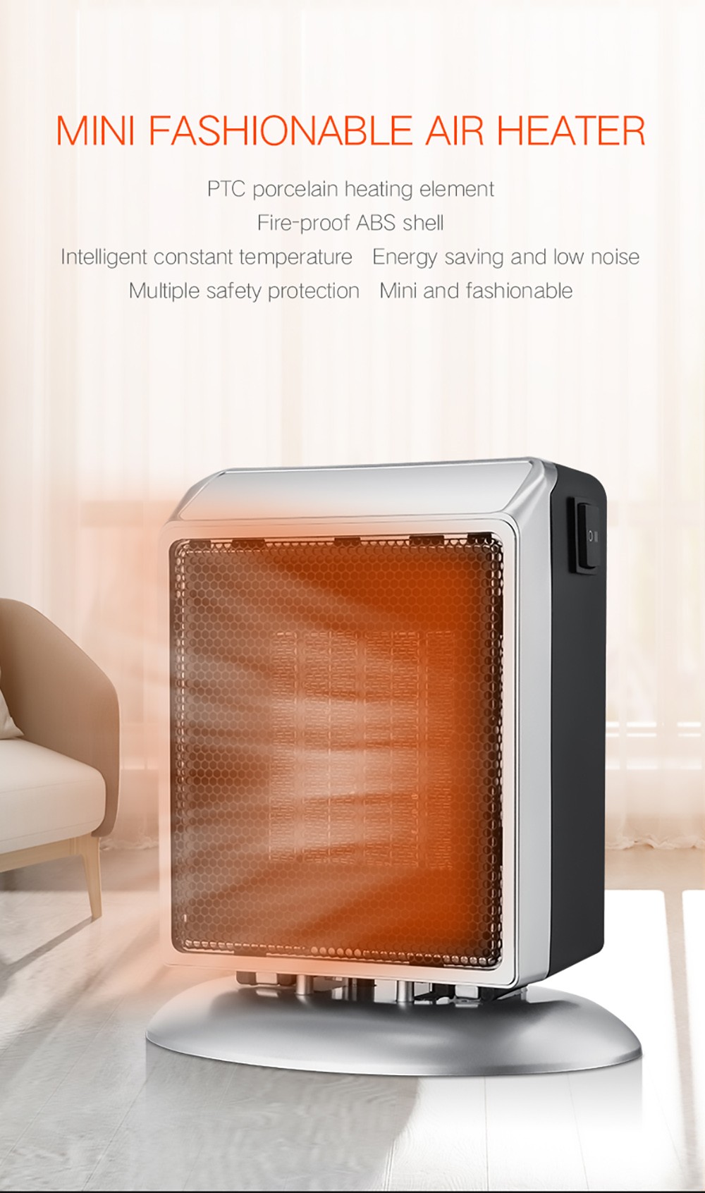 YND-900 900W Desktop Vertical Electric Heater, PTC Ceramic Flame Retardant Space Heater, 2-Gear Adjustment - EU Plug