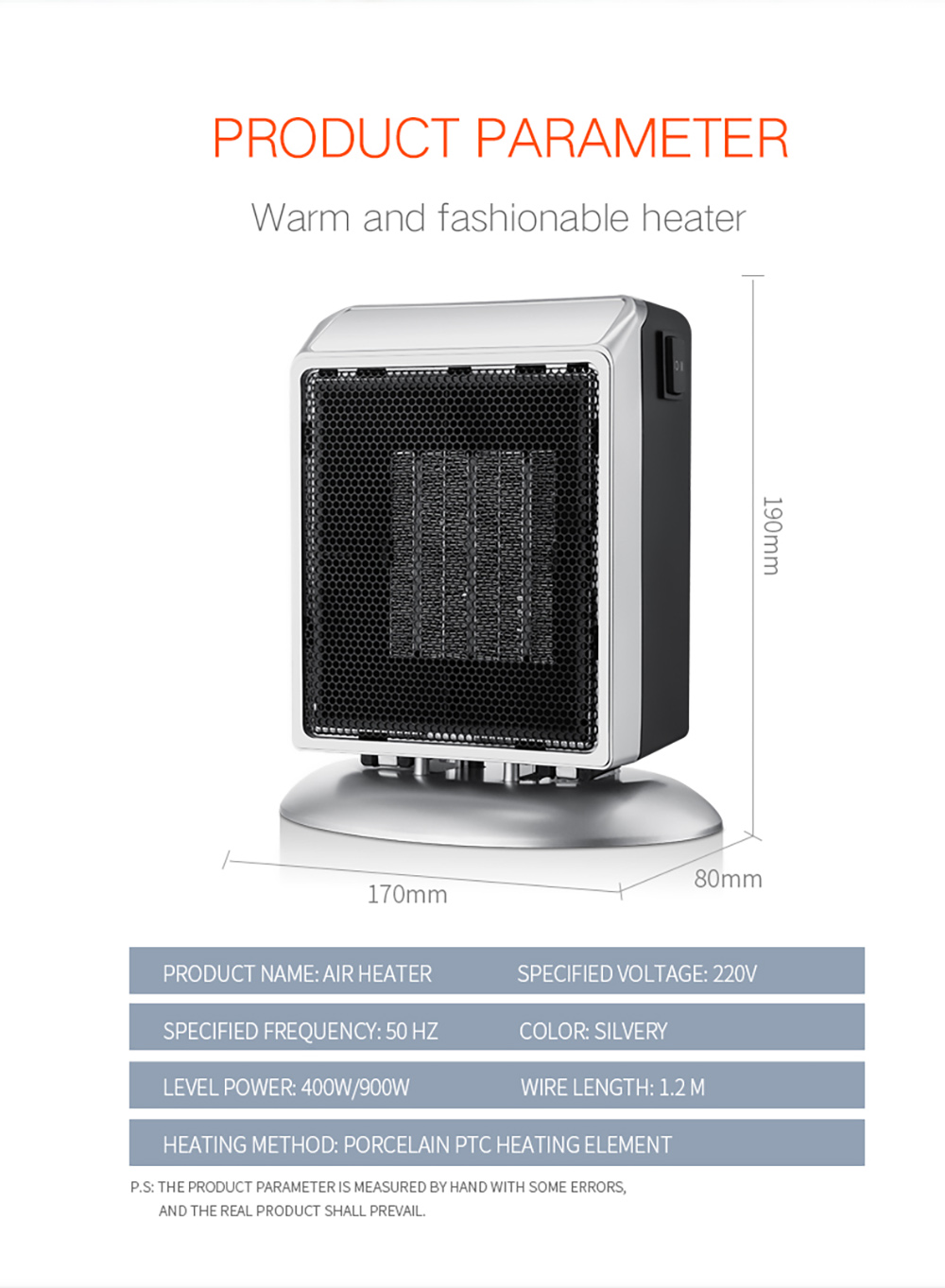 YND-900 900W Desktop Vertical Electric Heater, PTC Ceramic Flame Retardant Space Heater, 2-Gear Adjustment - EU Plug