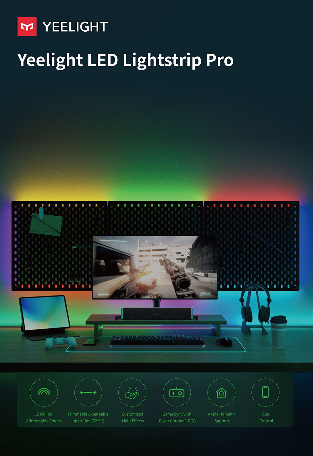 Yeelight YLDD005 LED Light Strip Pro, 5.1W Smart Color Ambilight RGB Lightstrip, Wireless Connection, Music Color Rhythm - EU Plug