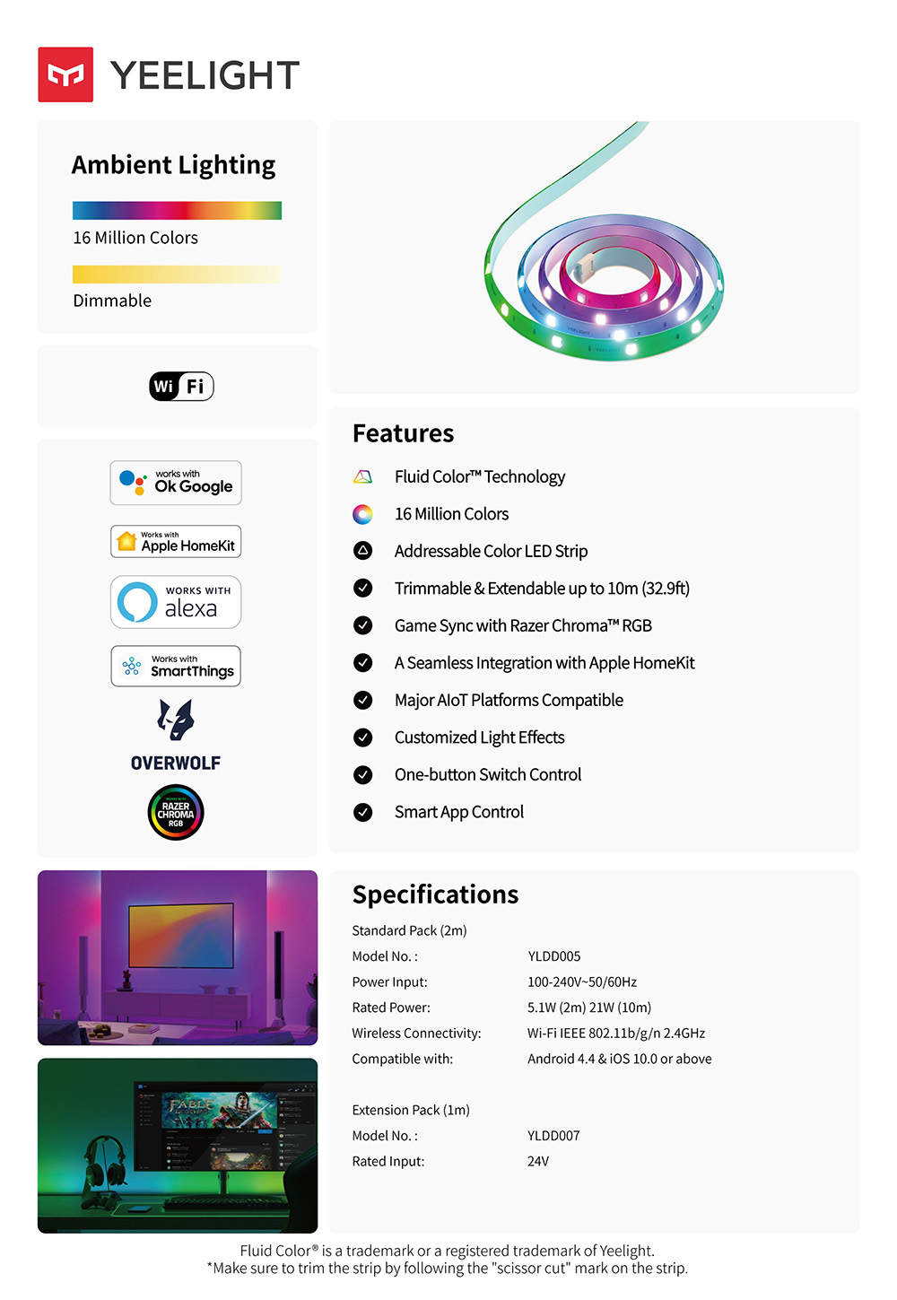 Yeelight YLDD005 LED Light Strip Pro, 5.1W Smart Color Ambilight RGB Lightstrip, Wireless Connection, Music Color Rhythm - EU Plug