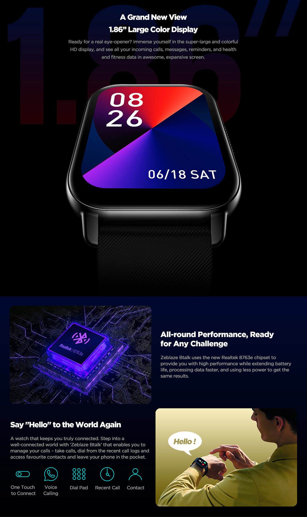 Zeblaze Btalk Voice Calling Smartwatch 1.86'' Large Color Display Health and Fitness Smartwatch For Men - Black