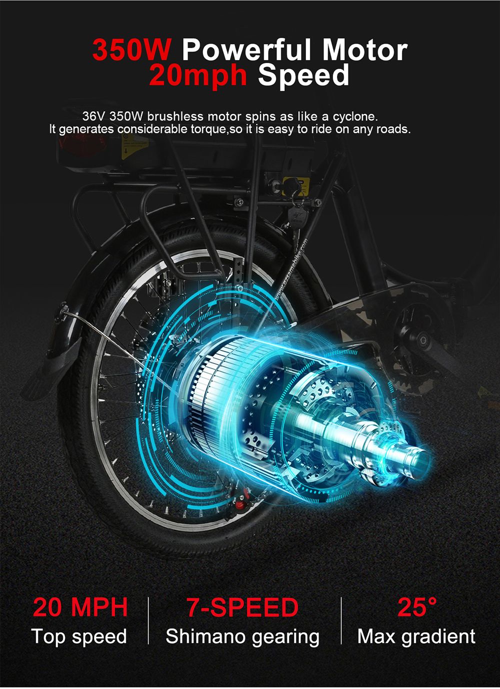 SAMEBIKE JG20 Smart Folding Electric Moped Bike 350W Motor 10Ah Battery Max 32km/h 20 Inch Tire - Black