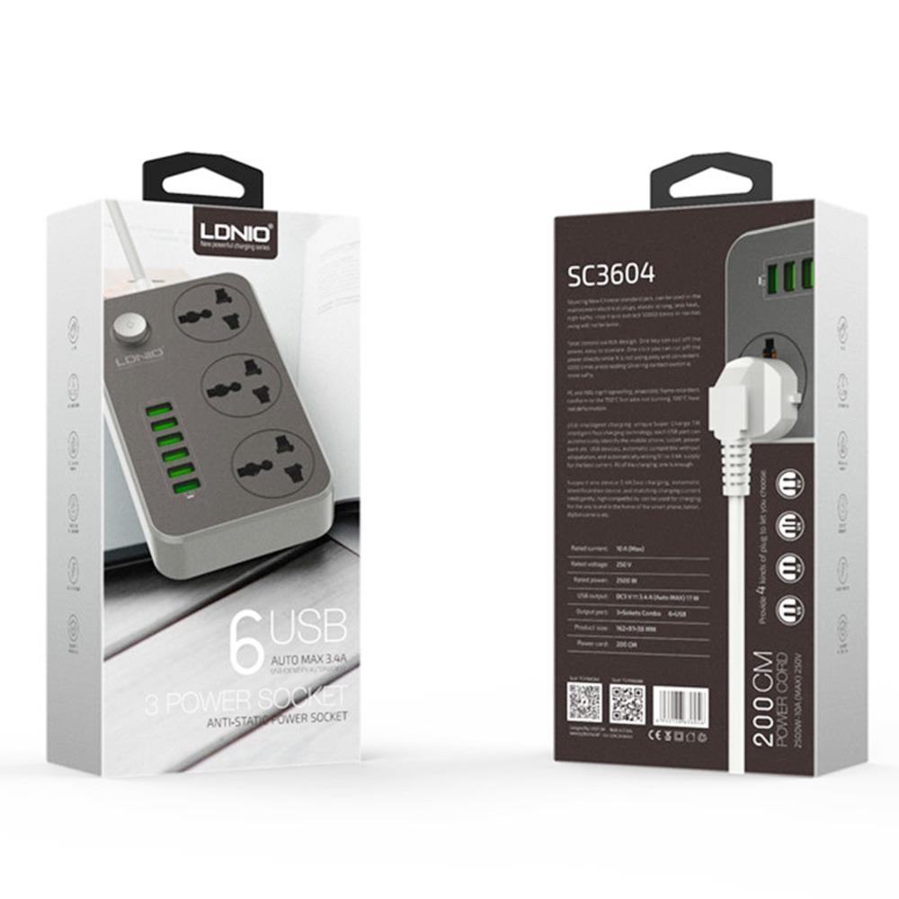 LDNIO SC3604 Power Strip Socket with 3-pin UK Plug and Fuse, 6 USB Charging Ports Wiring Board, 3 Power Socket Ports