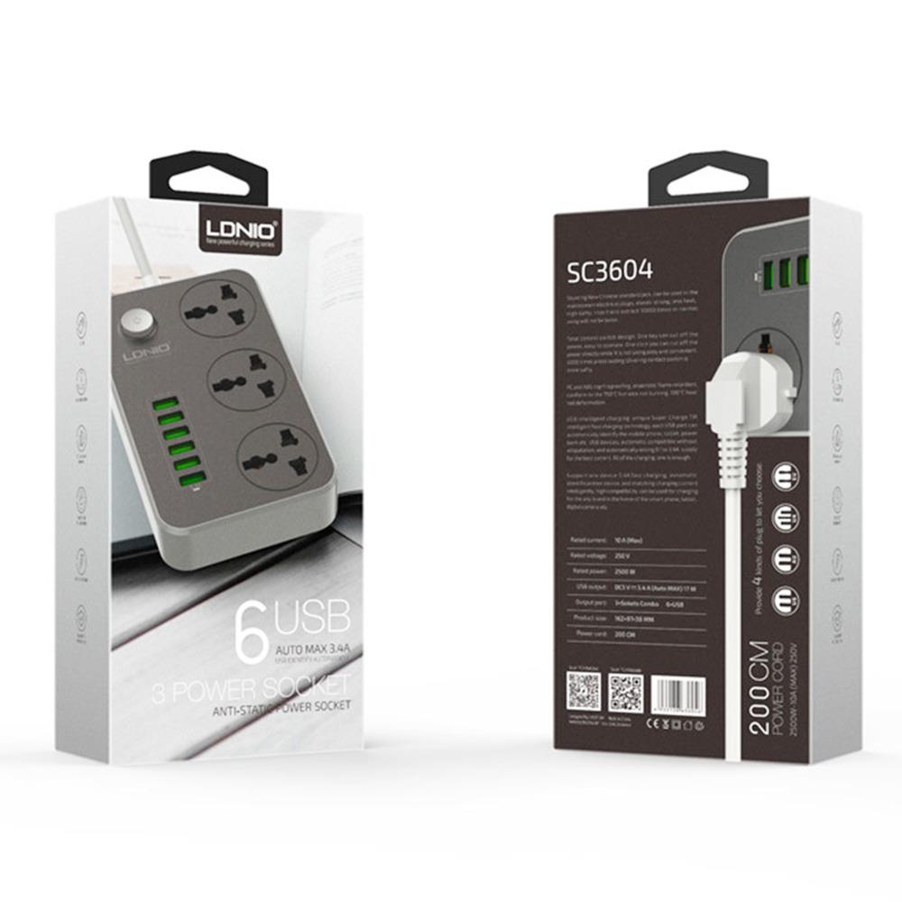 LDNIO SC3604 Power Strip Socket with 2-pin EU Plug, 6 USB Charging Ports Wiring Board, 3 Power Socket Ports