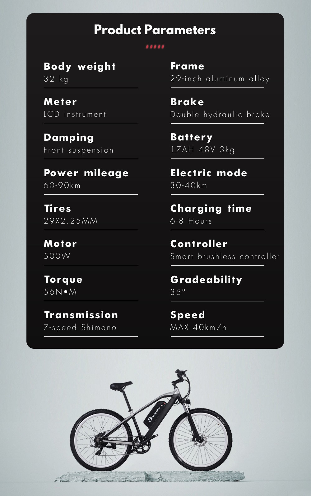 Shengmilo M90 Mountain E-bike 29 Inch 500W 48V 17Ah 40km/h Max Speed 180kg Max Load Electric Bike - Black