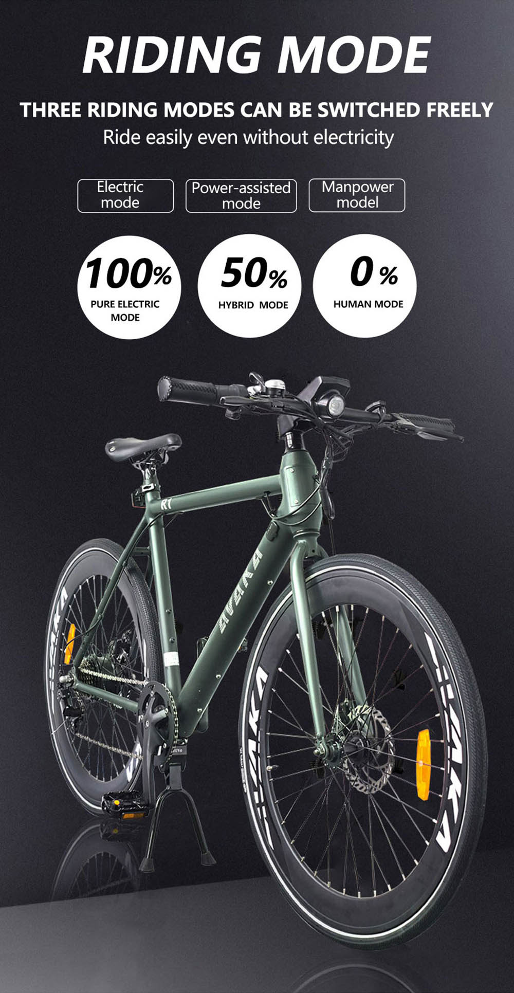 AVAKA R1 Electric Bike 700C*32C Inch Wheels 250W Brushless Motor 25Km/h Max Speed 36V 9Ah Battery Shimano 7-Speed Transmission IP65 Waterproof Double Mechanical Disc Brake LCD Display - Army Green