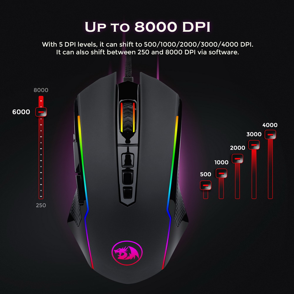 Redragon M910-K RGB Wired Gaming Mouse 8000 DPI 9 Buttons Programmable with Rapid-Fire Button - Black