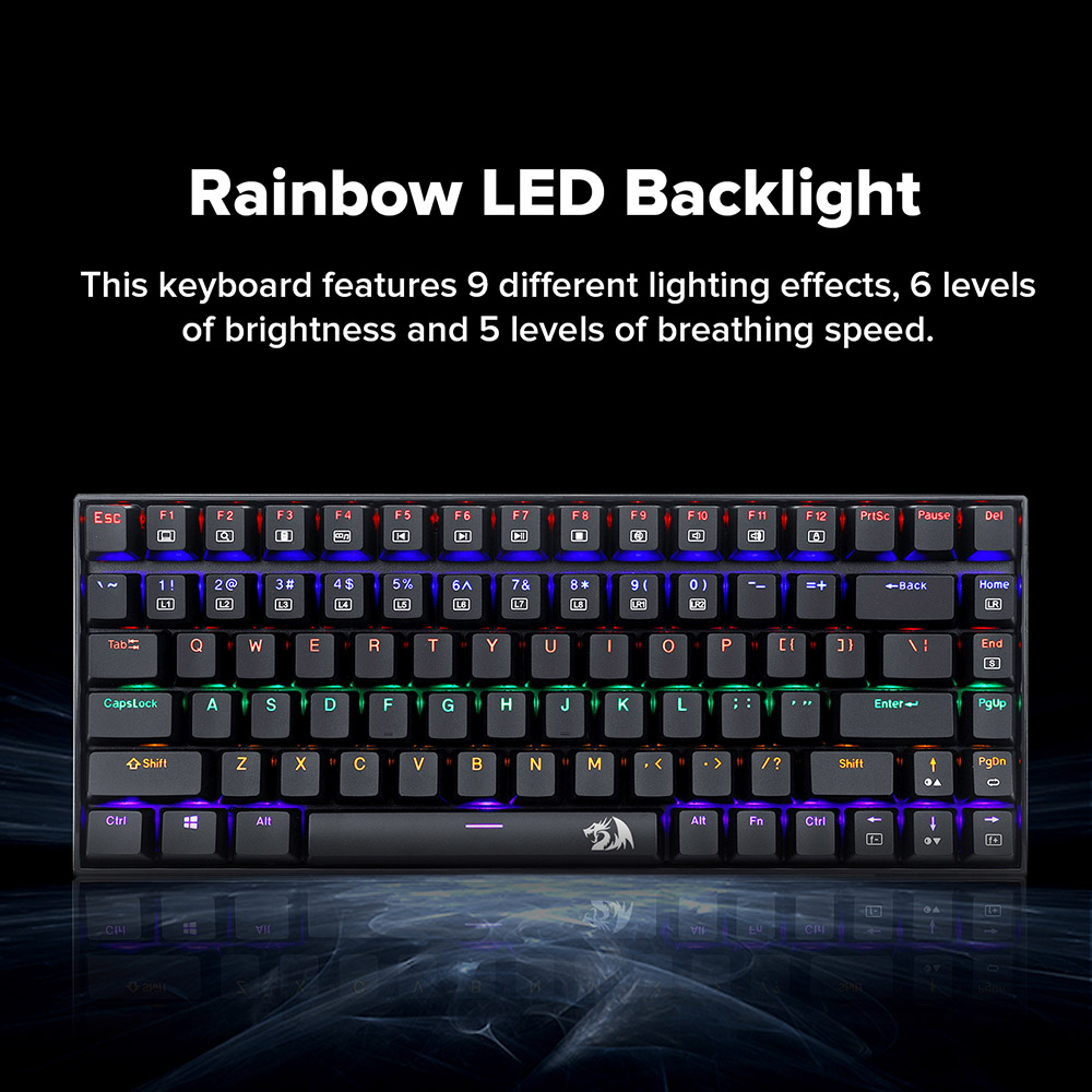 Redragon K629-KB 75% Rainbow LED Backlight Mechanical Gaming keyboard 84 key Blue Switch-Black