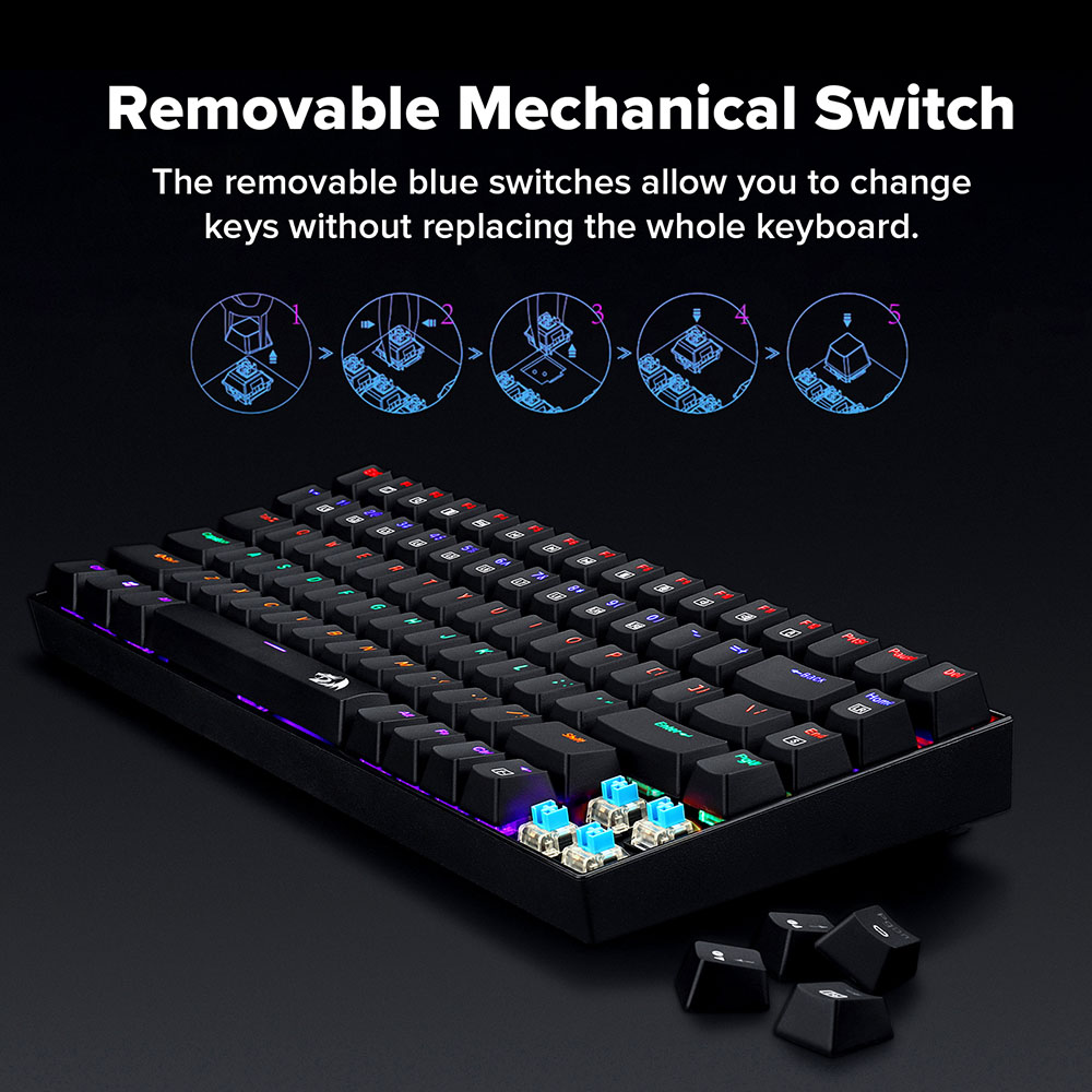 Redragon K629-KB 75% Rainbow LED Backlight Mechanical Gaming keyboard 84 key Blue Switch-Black