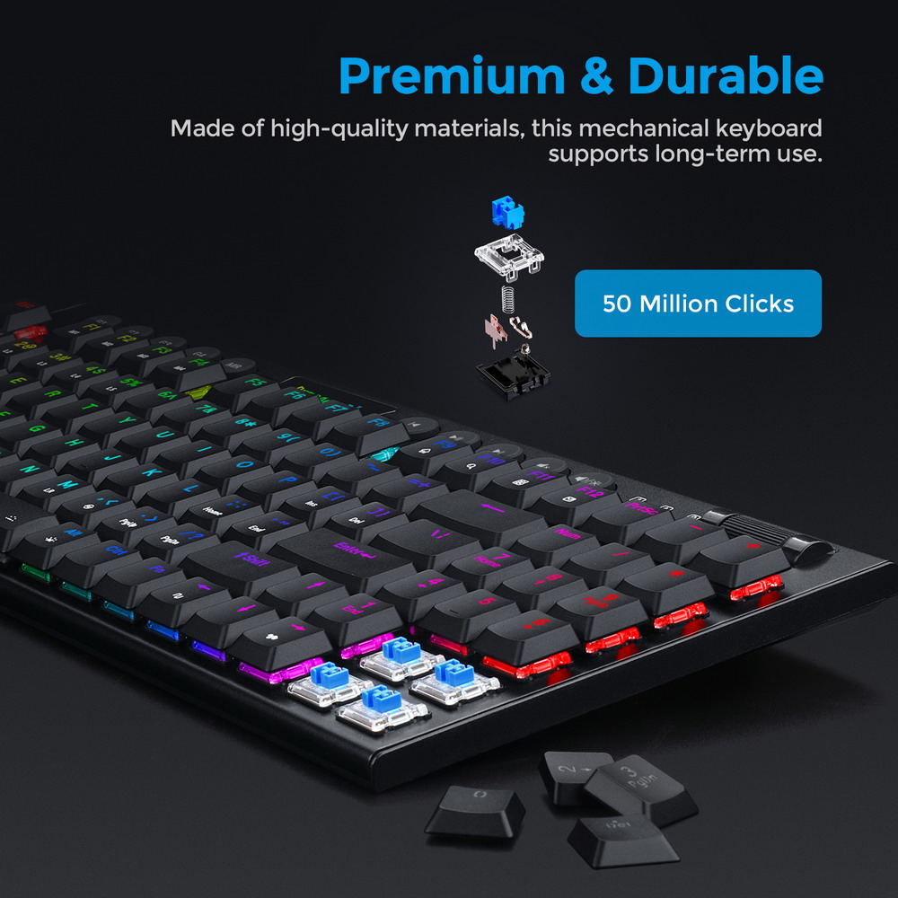 Redragon K625P-KB Yi Wired RGB Backlit Mechanical Keyboard, Ultra-Thin Low Profile 94 Keys Red Switch - Black