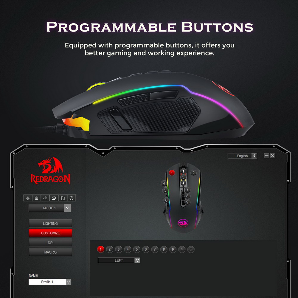 Redragon M910-K RGB Wired Gaming Mouse 8000 DPI 9 Buttons Programmable with Rapid-Fire Button - Black