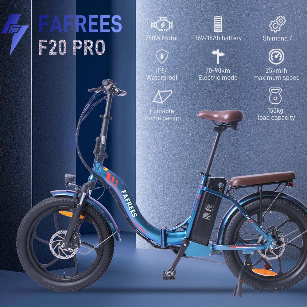 FAFREES F20 Pro Elektrický bicykel 20*3,0 palca s tučnými pneumatikami 250W bezkefový motor 25Km/h maximálna rýchlosť 7-stupňová prevodovka s odnímateľnou 36V 18AH lítiovou batériou 150KM maximálny dojazd Dvojitá kotúčová brzda E-bike so skladacím rámom - tmavomodrý