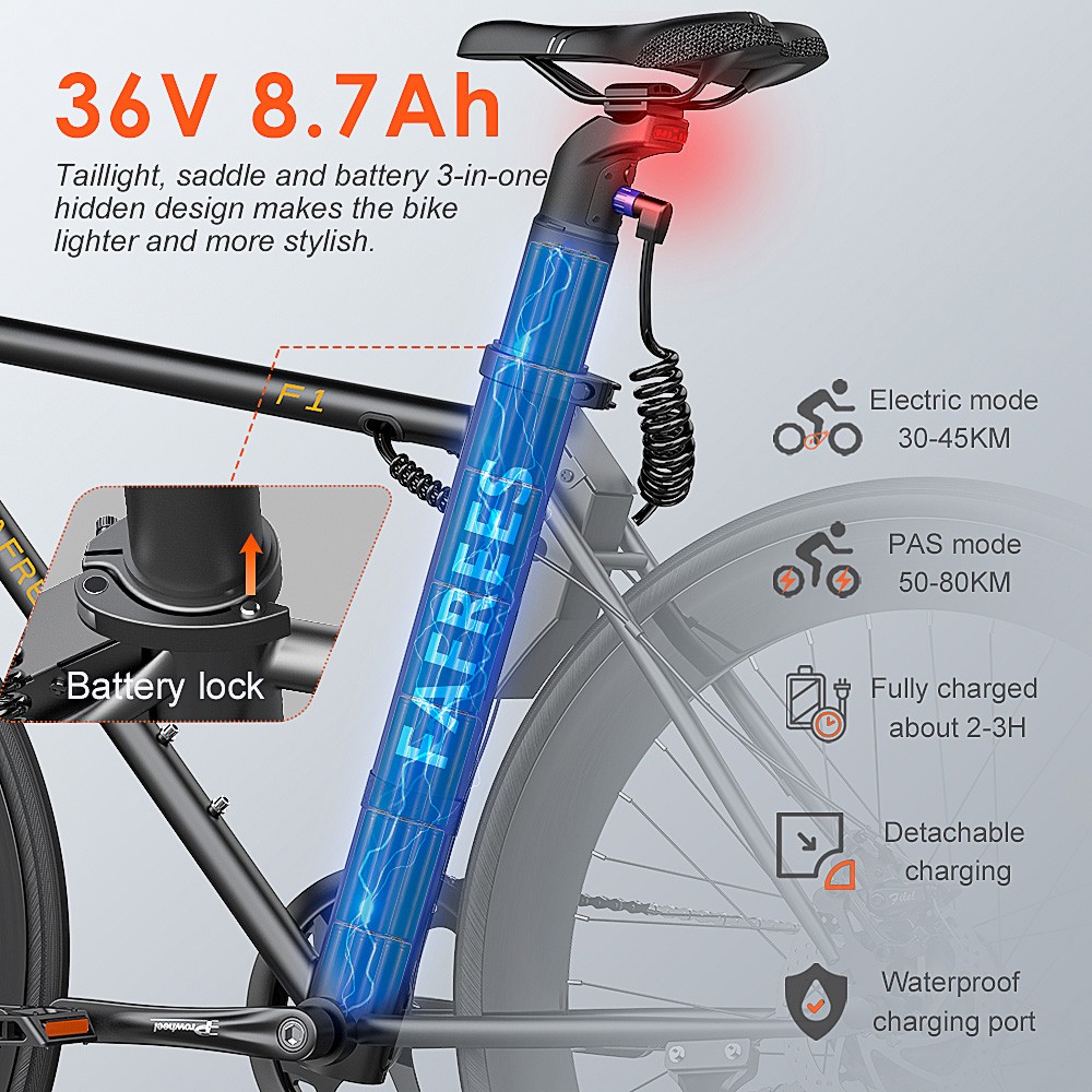 FAFREES F1 Electric Bike 250W Brushless Motor 25km/h Max Speed 9Ah Battery Shimano 7-Speed Transmission - Black