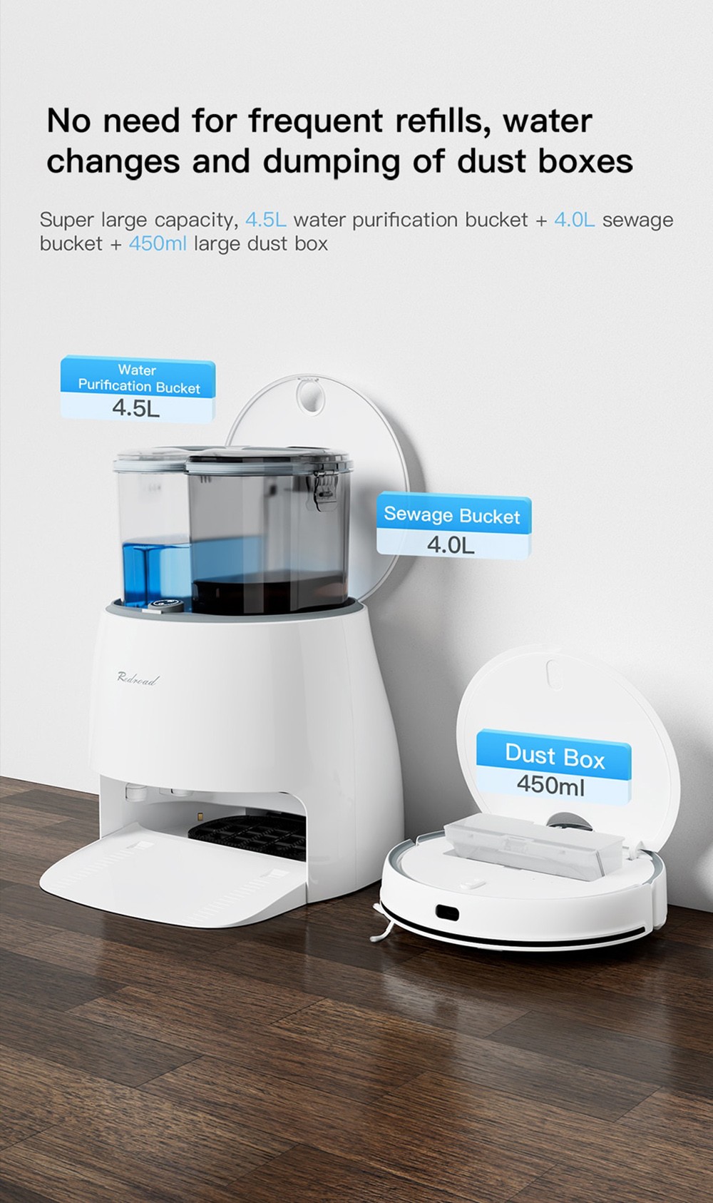 Redroad G10 Self-cleaning Robot Vacuum Cleaner 2800pa Suction High-Frequency Vibrating Mopping Auto Mop Lifting Electrolytic Water Sterilization LDS Navigation TOF Obstacle Avoidance 5200mAh Battery 450ml Dustbin 450ml Water Tank APP Control - White