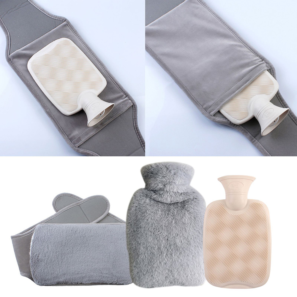 1000ml PVC Hot Water Bottle, Imitation Rabbit Plush Cover, Warm Belly Long Waist Belt, 3Pcs/Set - Dark Brown