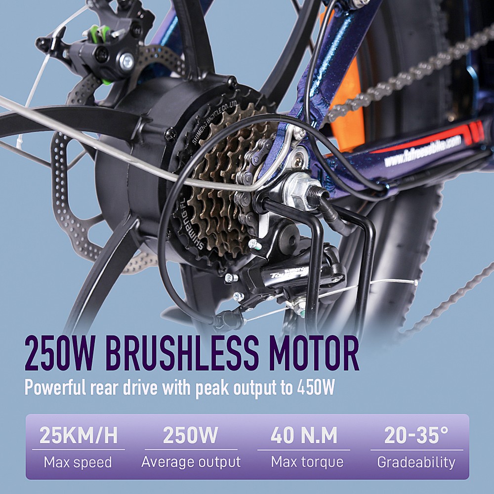 FAFREES F20 Pro Electric Bike 20*3.0 Inch Fat Tire 250W Brushless Motor 25Km/h Max Speed 7-Speed Gears With Removable 36V 18AH Lithium Battery 150KM Max Range Double Disc Brake Folding Frame E-bike - Purple