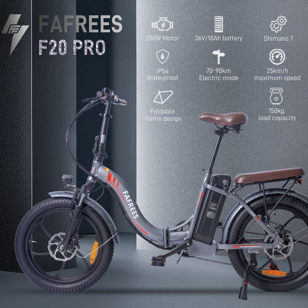 Elektrobicykel FAFREES F20 Pro 20*3.0 palcový tukový plášť 250W bezkefový motor 25Km/h maximálna rýchlosť 7-stupňové prevody s odnímateľnou 36V 18AH lítiovou batériou 150KM maximálny dojazd Dvojitá kotúčová brzda E-bike so skladacím rámom - sivá
