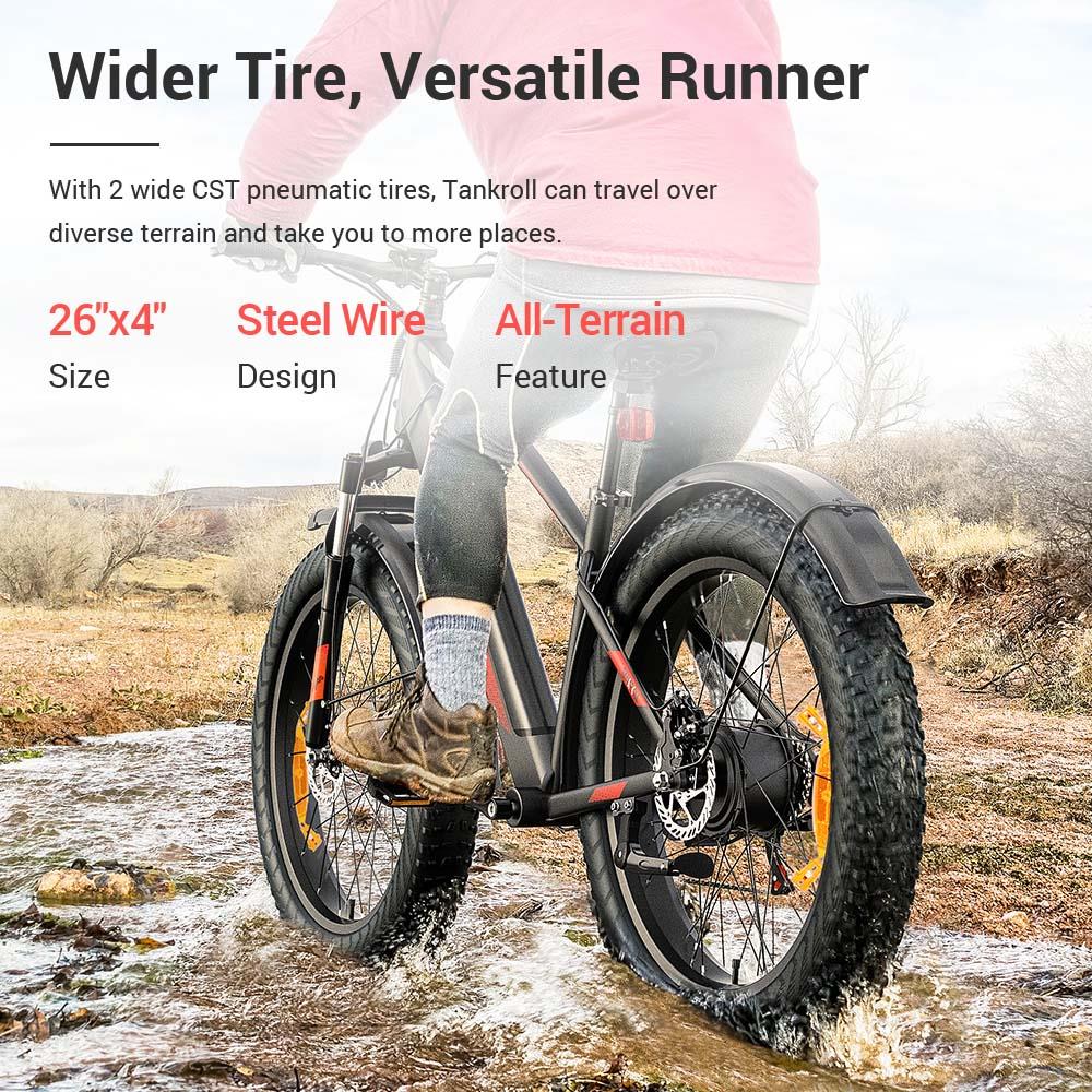 Eleglide Tankroll Electric Mountain Bike 26*4.0 Inch Fat Tires 250W Motor 25Km/h Speed 48V 10Ah Battery Shimano 7-Speed Gear 70KM Top Range Dual Disc Brake 57N.m Powerful Motor Moped Fat Bike