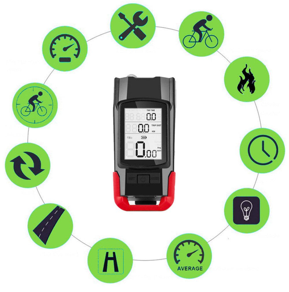 3-in-1 Bicycle Speedometer Wireless USB Rechargeable Double T6 LED Bike Light Bike Computer with Alarm Horn - Green