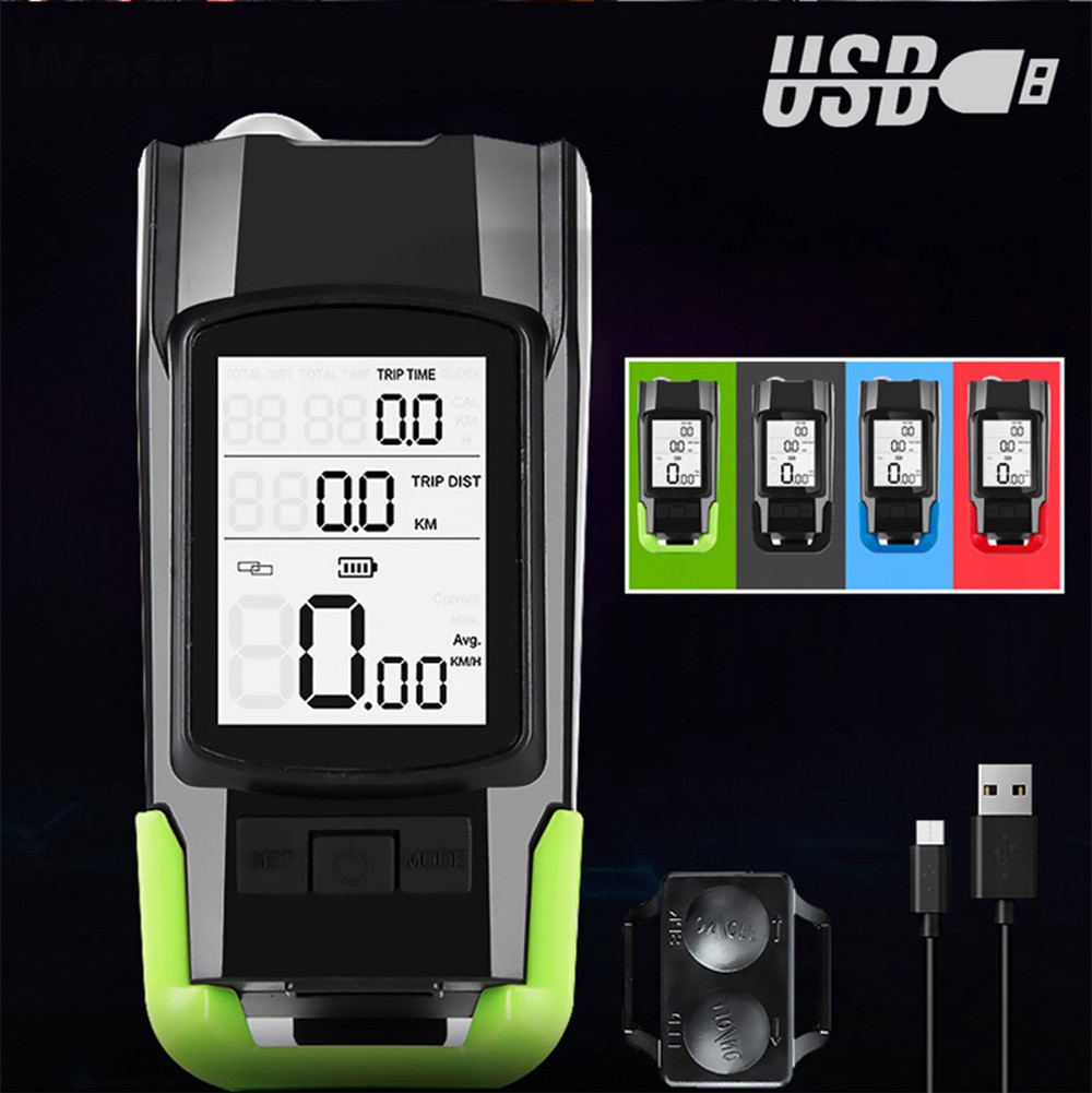 3-in-1 Bicycle Speedometer Wireless USB Rechargeable Double T6 LED Bike Light Bike Computer with Alarm Horn - Red