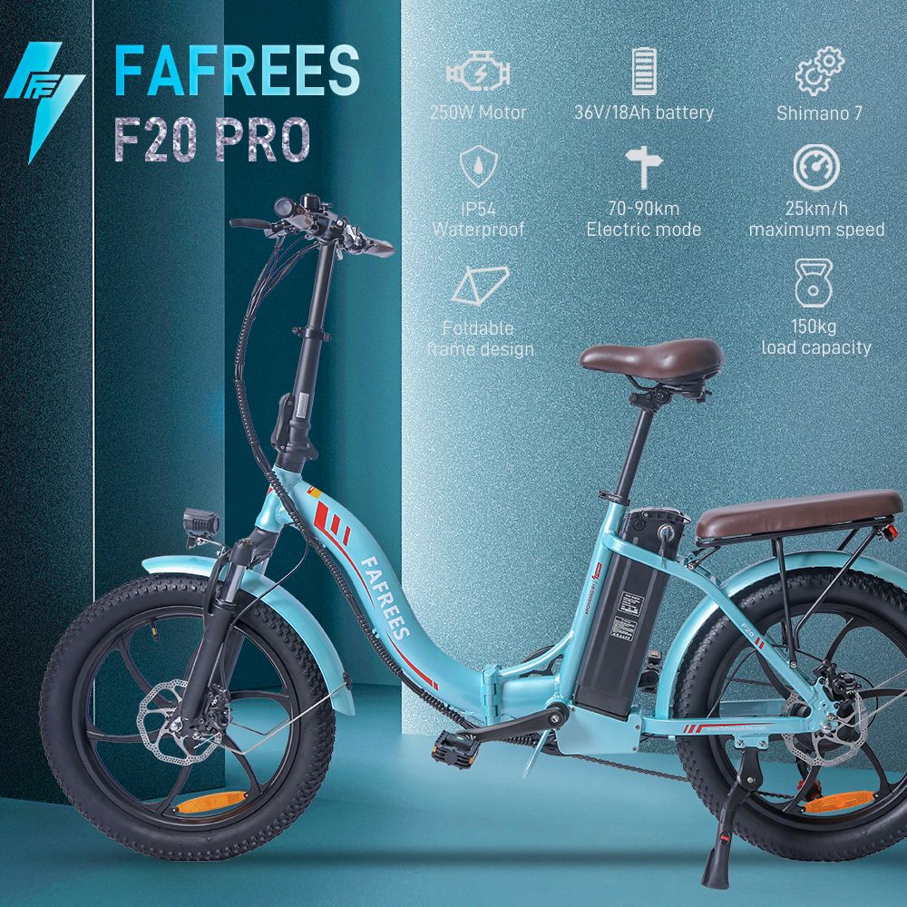 FAFREES F20 Pro Elektrobicykel 20*3,0 palca s tučnými pneumatikami 250W bezkefový motor 25Km/h maximálna rýchlosť 7-stupňová prevodovka s odnímateľnou 36V 18AH lítiovou batériou 150KM maximálny dojazd Dvojitá kotúčová brzda E-bike so skladacím rámom - modrý