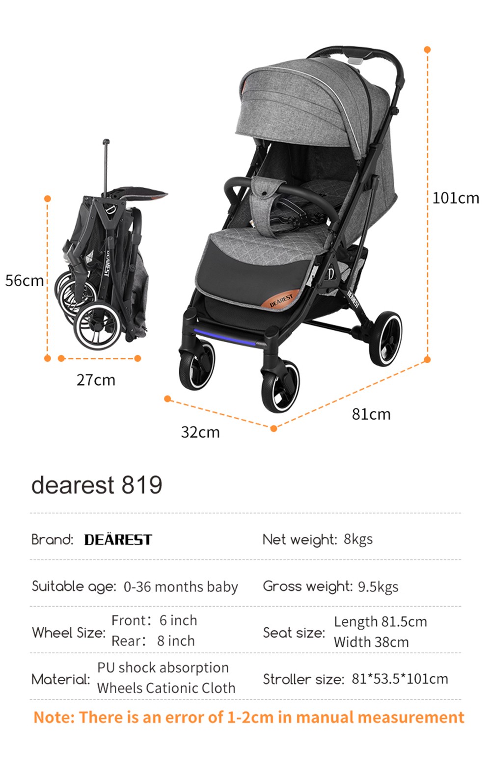 DEAREST 819 Baby Stroller Grey