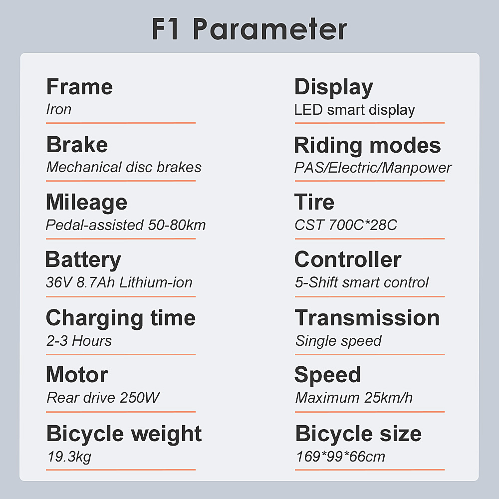 FAFREES F1 Electric Bike 250W Brushless Motor 25km/h Max Speed 9Ah Battery Shimano 7-Speed Transmission - Orange