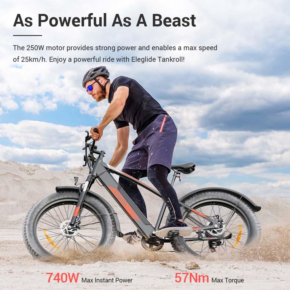 Eleglide Tankroll Electric Mountain Bike 26*4.0 Inch Fat Tires 250W Motor 25Km/h Speed 48V 10Ah Battery Shimano 7-Speed Gear 70KM Top Range Dual Disc Brake 57N.m Powerful Motor Moped Fat Bike