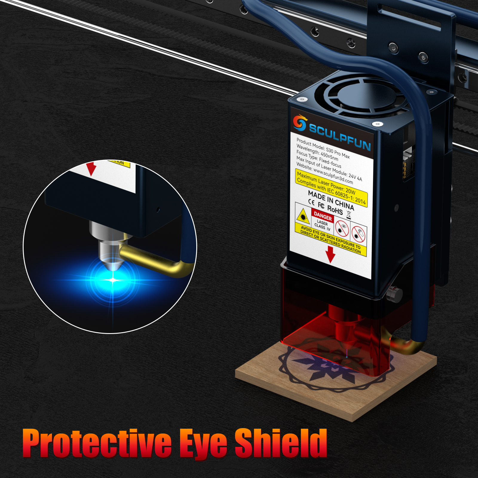 SCULPFUN S30 Pro Max 20W Laser Engraver Cutter, Automatic Air-assist, 0.08x0.1mm Laser Focus, 32-bit Motherboard, Replaceable Lens, 410x400mm, Expandable 935x905mm