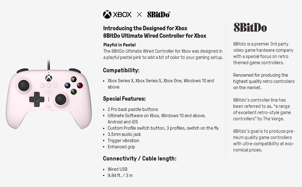 8BitDo Ultimate Wired Controller for Xbox Series, Series S, X, Xbox One, Windows 10, 11 - Pink