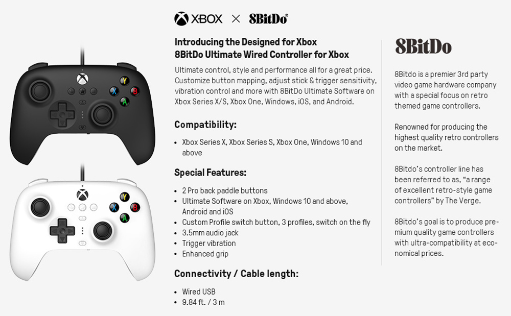 8BitDo Ultimate Wired Controller for Xbox Series, Series S, X, Xbox One, Windows 10, 11 - White