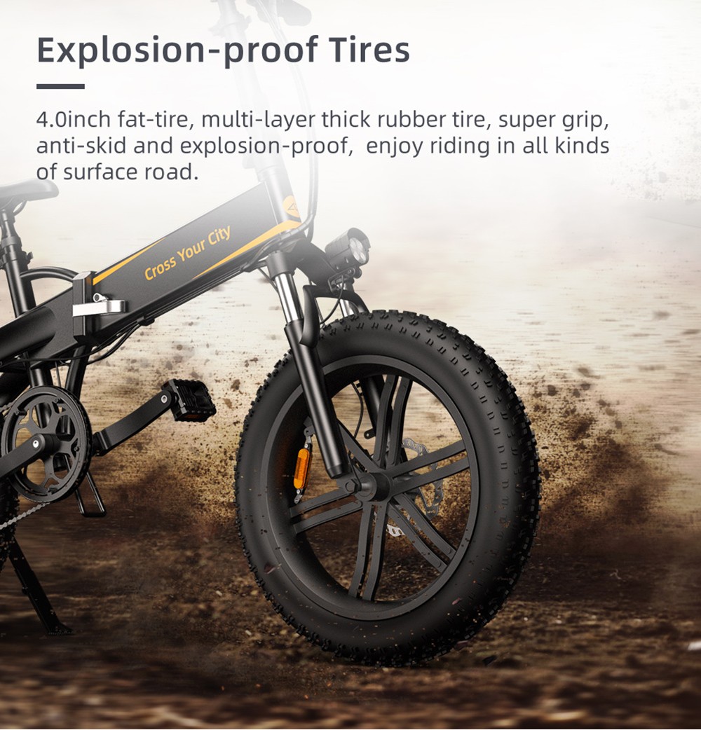 ADO A20F+ Off-road Electric Folding Bike 20*4.0 inch 500W Brushless DC Motor SHIMANO 7-Speed Rear Derailleur 36V 10.4Ah Removable Battery 35km/h Max speed Pure power up to 50km Range Aluminum alloy Frame - White