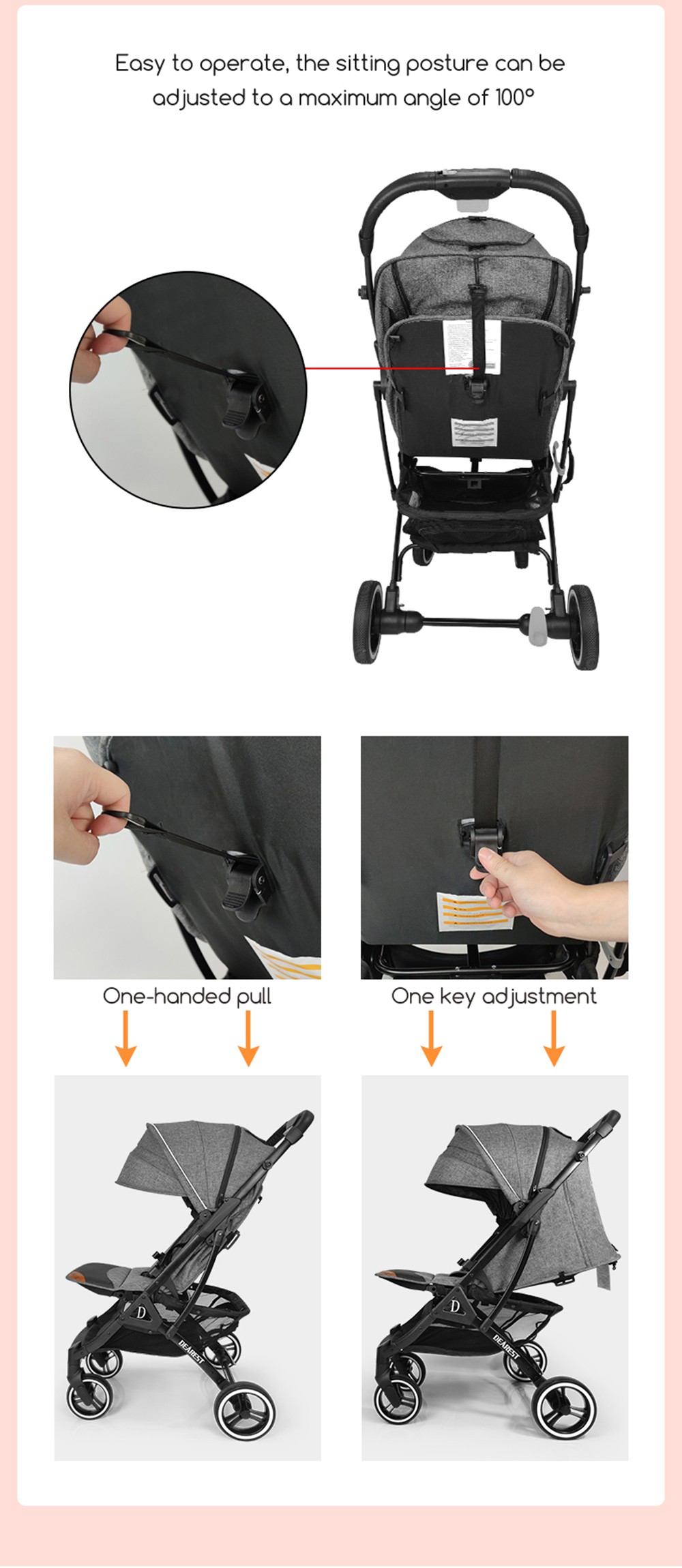 DEAREST 819 Baby Stroller, Comfortable Adjustable Multifunction 4-Wheel Shock Absorption Baby Cart - Black