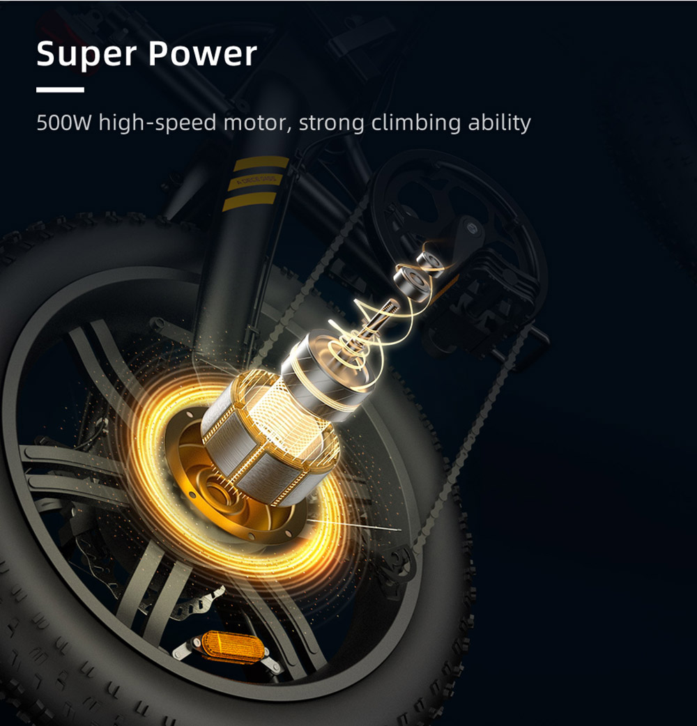 ADO A20F+ International Version Off-road Electric Folding Bike 20*4.0 inch 500W Brushless DC Motor SHIMANO 7-Speed Rear Derailleur 36V 10.4Ah Removable Battery 35km/h Max speed Pure power up to 50km Range Aluminum alloy Frame - Black