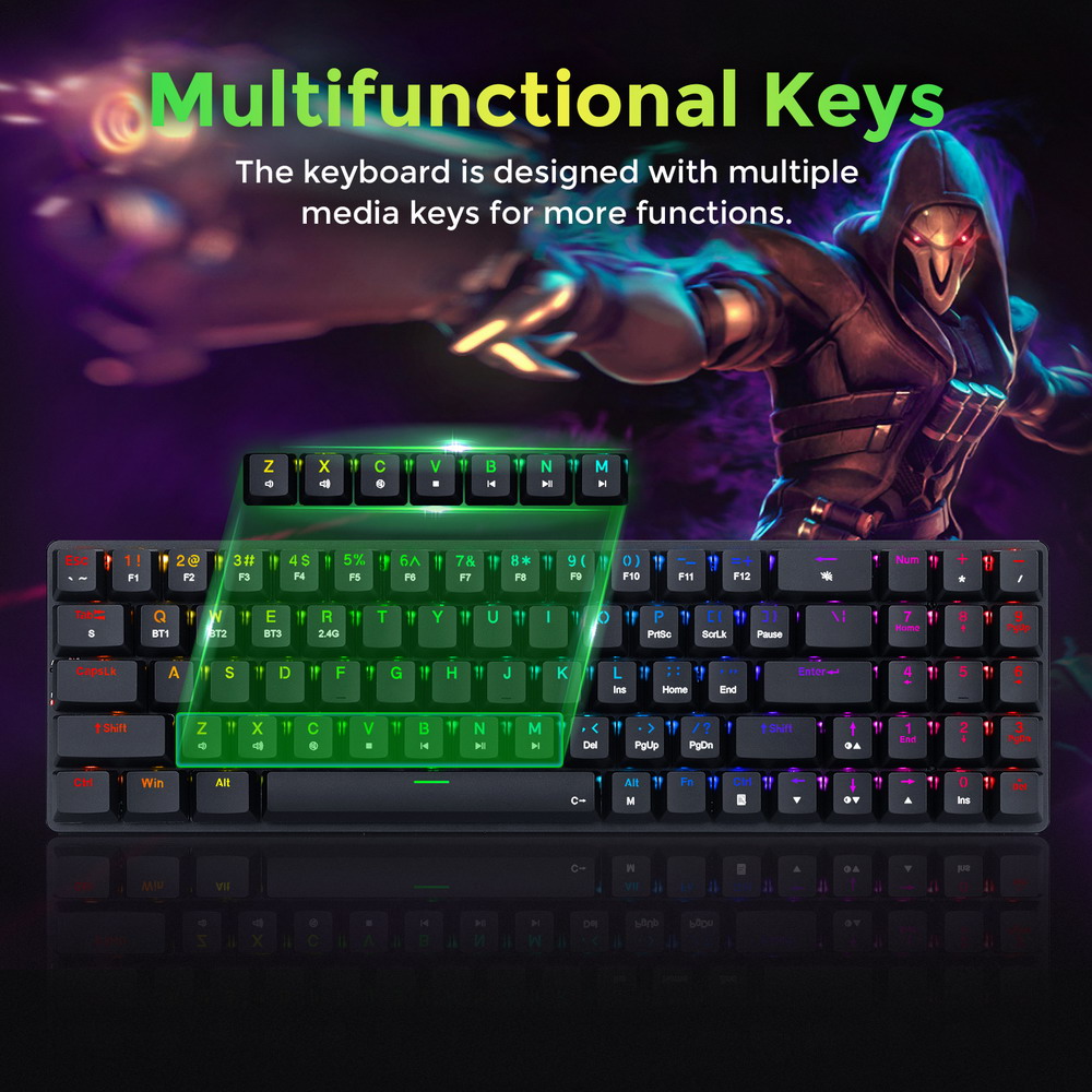 Redragon K626P-KBS Ashe Pro 78 Keys Tri-Mode Wireless RGB Mechanical Keyboard Ultra-Thin with Numpad Blue Switch - Black