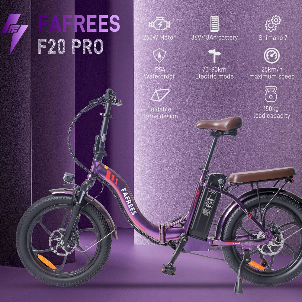FAFREES F20 Pro Elektrobicykel 20*3,0 palca s tučnými pneumatikami 250W bezkefový motor 25Km/h maximálna rýchlosť 7-stupňové prevody s odnímateľnou 36V 18AH lítiovou batériou 150KM maximálny dojazd Dvojitá kotúčová brzda E-bike so skladacím rámom - fialová