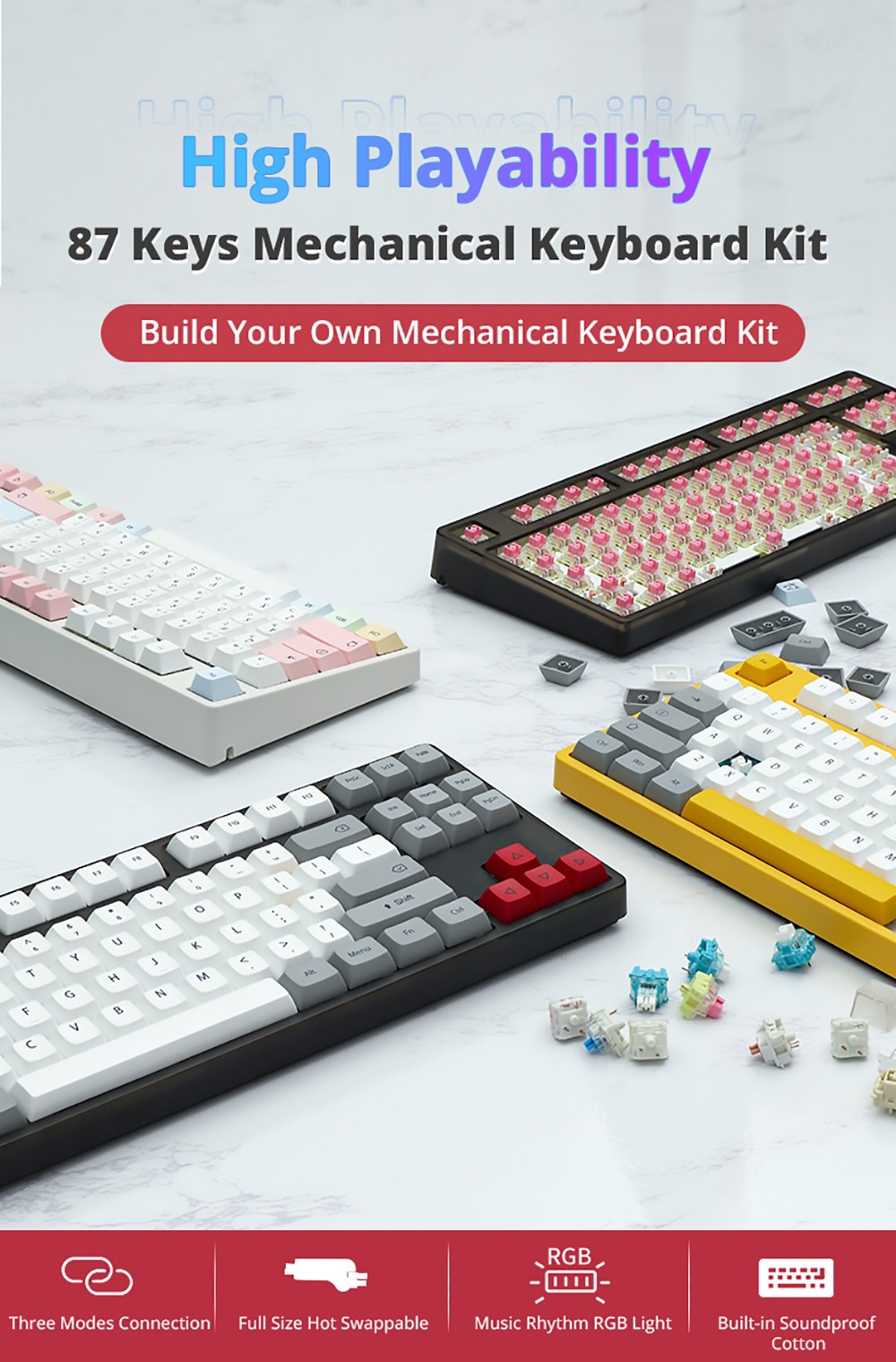 ACGAM MMD87 BT5.0 2.4G Type-C Connection 87 Keys Hot-Swappable Mechanical Keyboard DIY Kits - White