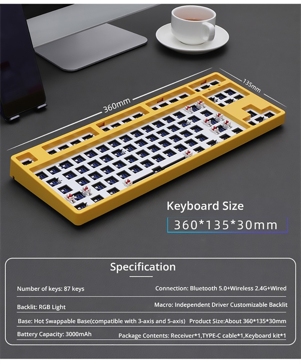 ACGAM MMD87 BT5.0 2.4G Type-C Connection 87 Keys Hot-Swappable Mechanical Keyboard DIY Kits - Yellow