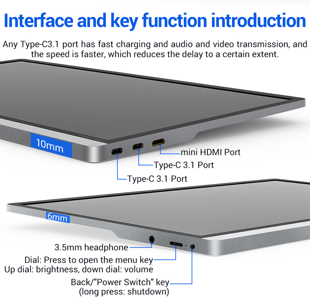 AOSIMAN ASM-156FCT Portable Monitor 15.6 inch IPS HDR 1920*1080 Resolution Full Metal Body Dual Type-C+Mini HDMI