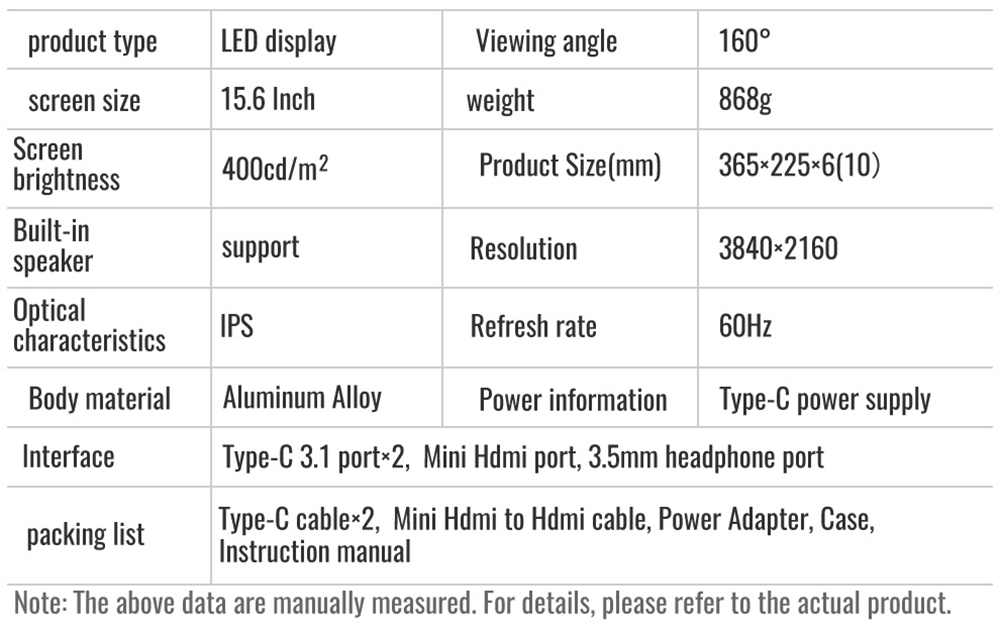 AOSIMAN ASM-156UCC Portable Monitor 15.6 inch IPS HDR 3840*2160 Resolution Full Metal Body Dual T ype-C+mini HDMI