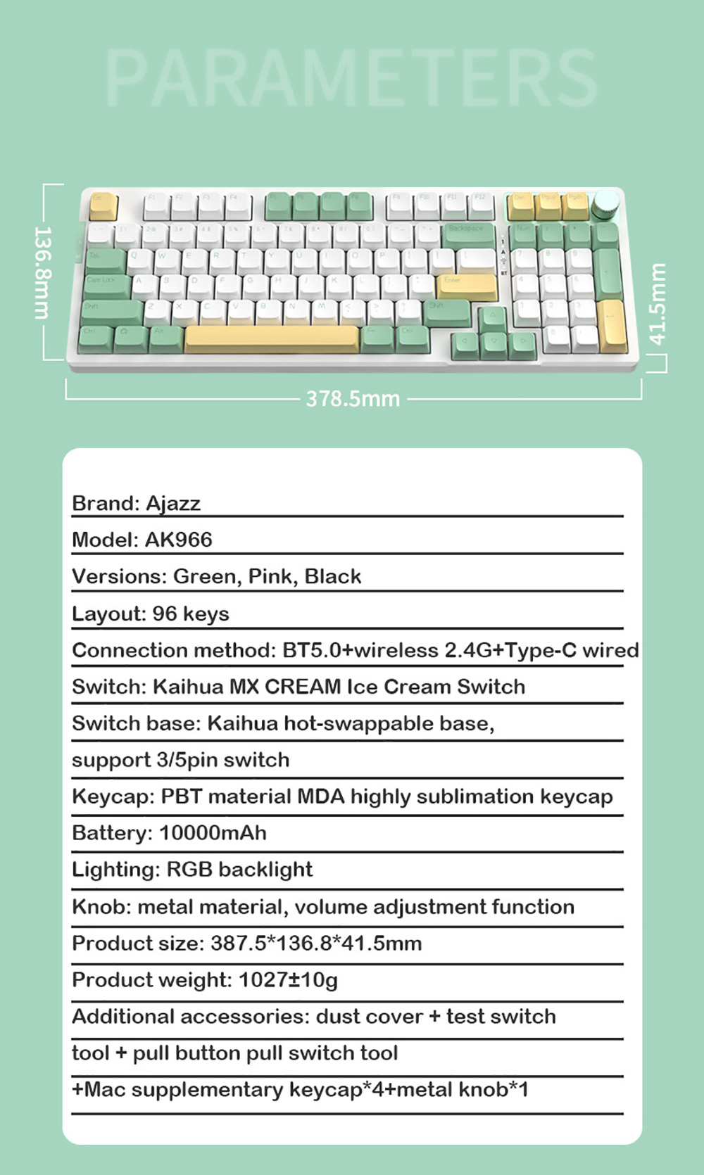 Ajazz AK966 96 Keys Hot Swappable Gasket 2.4Ghz/Bluetooth 5.0/Type-C Wired Triple Modes Mechanical Gaming Keyboard - Green Land